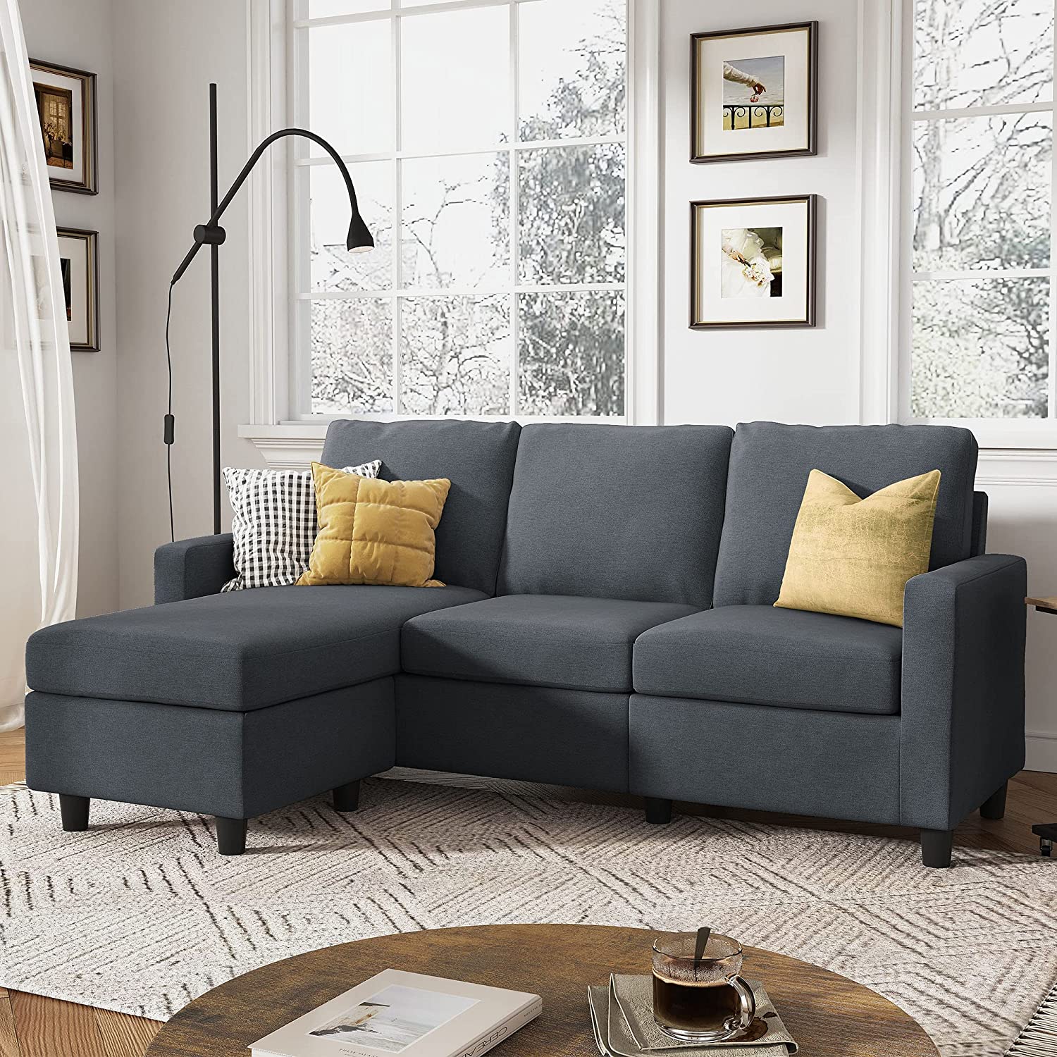 HONBAY Convertible Sectional Sofa, L Shaped Couch with Linen Fabric, Reversible Sectional Sofa Couch for Small Space, Light Grey