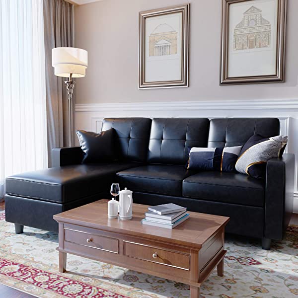 HONBAY Convertible Sectional Sofa Couch, L Shaped Sofa Couch with Faux Leather Sectional for Small Apartment Brown