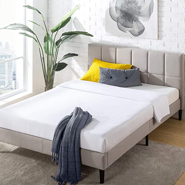 ZINUS Lottie Upholstered Platform Bed Frame / Mattress Foundation / Wood Slat Support / No Box Spring Needed / Easy Assembly, Grey, Queen Grey Queen Standard