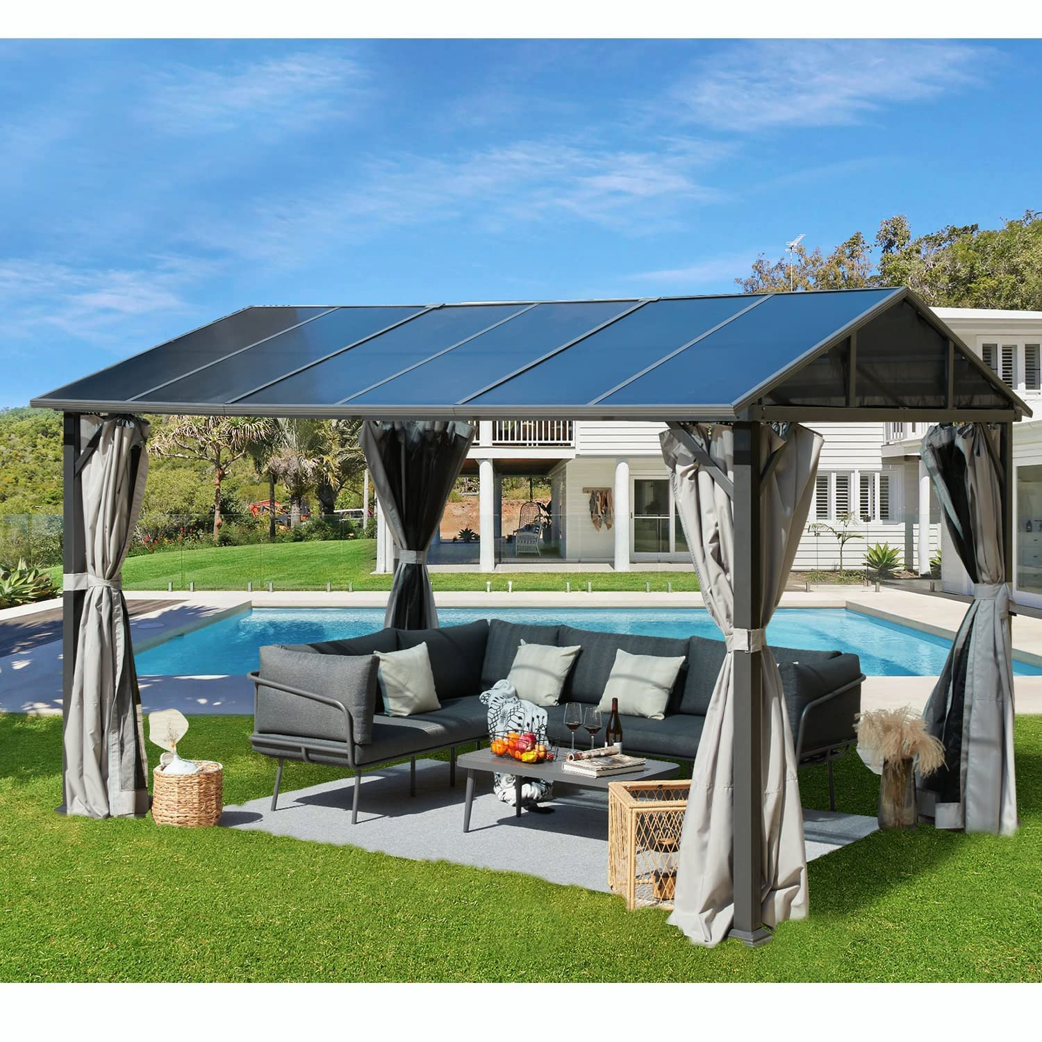 【Gazebo】10x13 Hardtop Gazebo, Outdoor Aluminum Frame Gazebo, Gable Polycarbonate Roof with Netting & Curtain