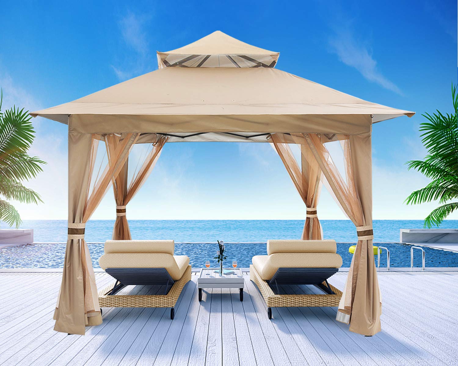 【Gazebo】13'x13' Gazebo Tent Outdoor Pop up Gazebo Canopy Shelter with Nets, Brown