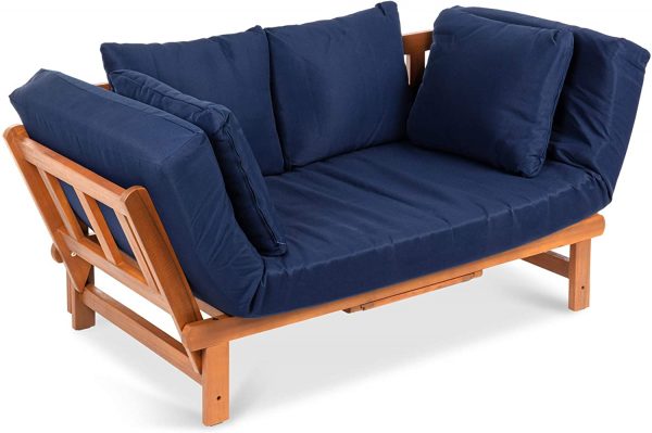 Best Choice Products Outdoor Convertible Acacia Wood Futon Sofa Furniture for Patio, Balcony, Poolside, Backyard w/Pullout Tray, Removable Weather-Resistant Cushion & 4 Pillows – Navy Blue